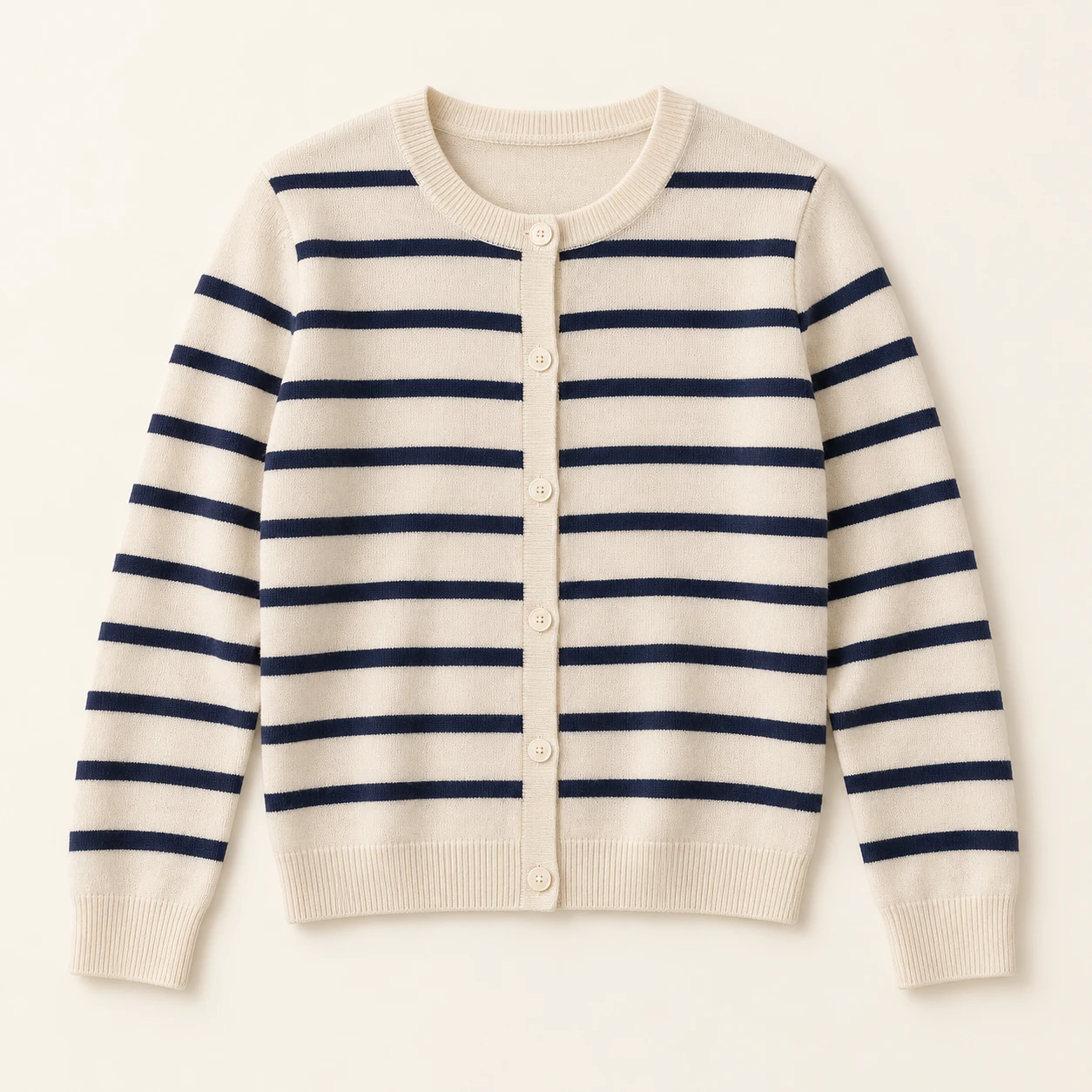 Juliette Stripe Cardigan, Cream / Navy, Crew neck button cardigan